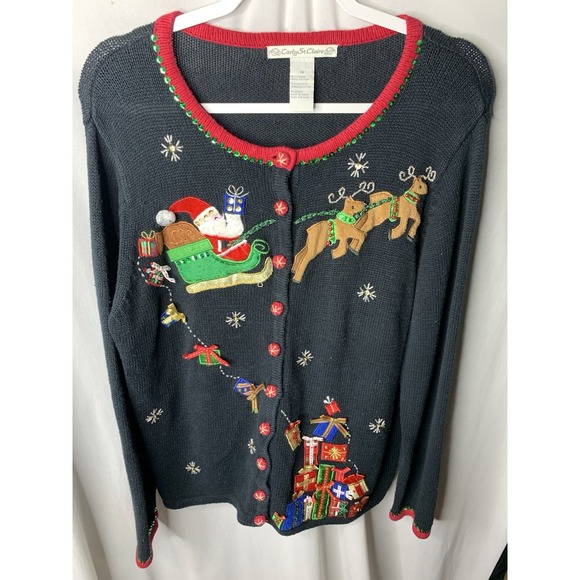 Women's 1X Charlie‎ St. Claire Santa Claus Ugly Christmas Knit Sweater Vintage - Picture 1 of 6